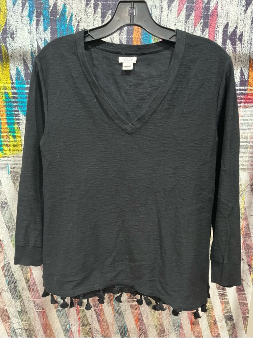 J. Crew Black V-Neck Tassel Hem Long Sleeve Top